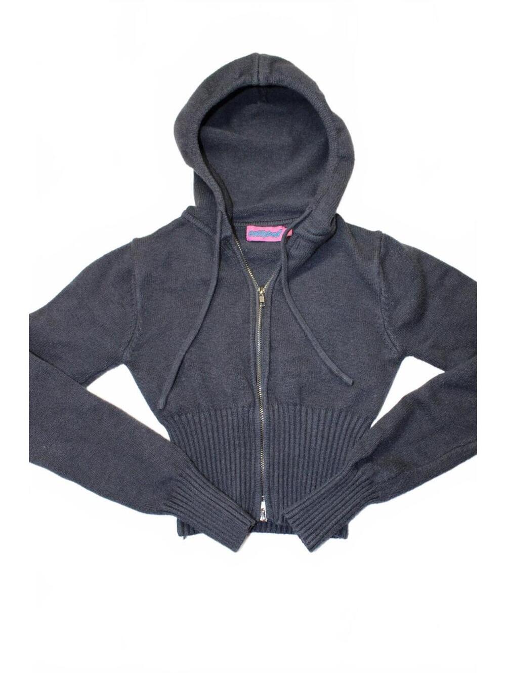 Edikted Desiree Knitted Hooded Cardigan Dark Blue Gray Cropped Sweater XS